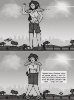 monochrome long_hair smiling navel weapon shorts standing english outdoors sky straw_hat bare_midriff greyscale 1girl damianlix bella_souto giantess