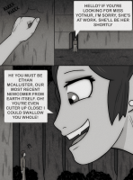 giantess comic monochrome smiling shrunken_man open_mouth english monster_girl dialogue greyscale solo_focus 1girl 1boy damianlix bella_souto