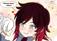white_hair blushing long_hair smiling red_hair short_hair heart shrunken_woman english grey_eyes ruby_rose weiss_schnee multiple_girls signature 2girls eyebrows_visible_through_hair silver_eyes gtsmaycry7 giantess