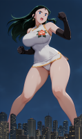 giantess giga size_difference city large_breasts long_hair blue_eyes buildings dark open_mouth night white_panties earrings sleeveless thick_thighs ai_art floral_print yuegts giant_robo ginrei falmelle_von_volger dark_green_hair black_elbow_gloves white_china_dress fighting_stance