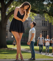 cleavage outdoors looking_at_tiny bare_legs tall_tales gentle collage long_hair clothed high_heels brunette dress mini_giantess legs looking_down standing ai_art