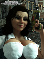 breasts nude city black_hair large_breasts butt blue_eyes cleavage buildings smiling shrunken_man dialogue shrink_gun bioshock_infinite looking_at_tiny bioshock digital_render booker_dewitt elizabeth_comstock between_breasts legeante