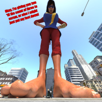 breasts growth giantess white_hair city mega blonde black_hair large_breasts toes barefoot buildings short_hair fighting mask dark_skin costume dialogue hands_on_hips black_cat ms_marvel marvel_comics kamala_khan looking_at_tinies felicia_hardy white_widow yelena_belova