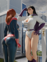 breasts giantess city mega black_hair butt multiple_sizes gloves red_hair boots muscles giantesses reflection thighs flexing costume superman lois_lane cape giant_girl belt leotard hands_on_hips power_girl digital_render dc_comics mary_jane bare_legs spider-man marvel_comics ci0