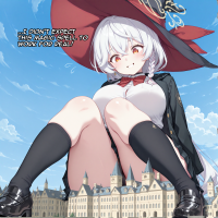 giantess size_difference buildings anime looking_down sky pleated_skirt halo black_skirt black_panties white_shirt thick_thighs collared_shirt witch_hat open_jacket very_long_hair ai_art single_braid nervous_smile yuegts blue_archive black_jacket european_architecture red_bowtie low_ponytail shirao_eri