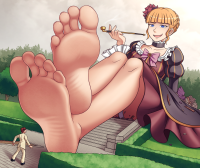 giantess crush feet blonde blue_eyes barefoot pantyshot dress witch sitting garden umineko_no_naku_koro_ni ushiromiya_battler beatrice mansion shrunken_man thunderafterdark
