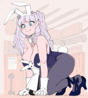 giantess ojou_sama breasts furry tail large_breasts long_hair bunny_ears blue_eyes bunny cleavage high_heels smiling gloves kneeling twintails nylons bunny_girl wavy_hair leotard bare_shoulders bunnysuit wrist_cuffs white_gloves bunny_tail detached_collar solo fake_animal_ears 1girl strapless tiny_rabbit strapless_leotard blue_leotard