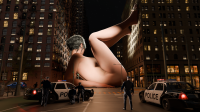 giantess breasts nude city mega comic black_hair barefoot buildings street police night between_buildings digital_render hair_bun police_officer felynarii