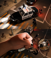 breasts city mega comic destruction handheld gun buildings street police hand_crush night vehicle_crush digital_render hair_bun cutaway police_officer felynarii giantess