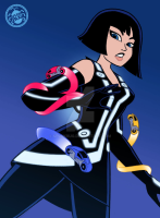 breasts drawing giantess black_hair color tron blue_eyes gloves asian short_hair motorcycle no_background spunkbug quorra lightcycle