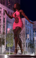 breasts giantess vore city black_hair large_breasts cleavage high_heels buildings dress muscles open_mouth cruel dark_skin night digital_render bare_legs allthesizepuns