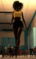 breasts black_hair brown_eyes school shorts shrunken_woman shrunken_man cruel dangle dark_skin necklace top crowds running_away pinched digital_render bare_legs bubblegum bare_midriff looking_at_tinies allthesizepuns