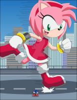 drawing gentle giantess furry city mega color green_eyes blue_hair shoes pink_hair gloves amy_rose sonic_the_hedgehog running hairband race looking_at_tiny bare_legs nightcore100