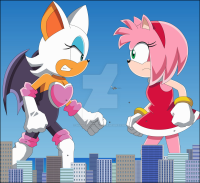 breasts drawing giantess furry wings city mega color cleavage buildings green_eyes angry pink_hair gloves amy_rose dress airplane sonic_the_hedgehog fighting giantesses fist rouge_the_bat hairband nightcore100