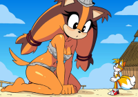 breasts drawing giantess panties furry tail mega color beach barefoot cleavage bra soles kneeling sonic_the_hedgehog multiple_tails looking_at_tiny bare_legs drsgrowth bare_midriff sticks_the_badger skimpy_clothes badger