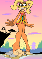 breasts drawing giantess furry anthro mega blonde color long_hair destruction barefoot water mask thighs cliff looking_at_tiny orange_skin bare_legs drsgrowth coco_bandicoot crash_bandicoot crash_bandicoot_(series)