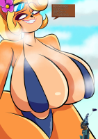 bikini breasts drawing giantess furry anthro mega blonde color large_breasts long_hair blue_eyes cleavage huge_breasts castle blimp sunglasses clouds thighs dialogue thick_thighs orange_skin bare_legs flower_in_hair bare_midriff coco_bandicoot crash_bandicoot_(series) nanobros1