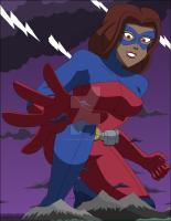 breasts drawing giantess giga mega color brunette gloves boots kneeling reaching mountains mask dark_skin clouds costume goggles belt lightning jumpsuit atom dc_comics nightcore100 atomica