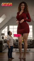gentle long_hair clothed barefoot brunette mini_giantess standing height_comparison mini_skirt ai_art giantess blushing shrunken_man