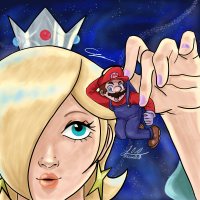 giantess earth blonde space blue_eyes teeth mario brunette smiling lips gloves dress crown overalls night sky hat jewelry earrings floating mustache white_gloves facial_hair princess_rosalina shooting_star night_sky 1girl 1boy star_(sky) hair_over_one_eye red_headwear star_(symbol) brown_footwear starry_background