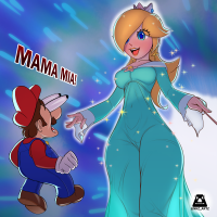 giantess breasts blonde long_hair blue_eyes mario brunette smiling lips gloves dress crown open_mouth overalls luigi english hat jewelry earrings wand mustache long_dress white_gloves facial_hair princess_rosalina sparkle brooch 1girl 1boy aqua_dress linkz_artz