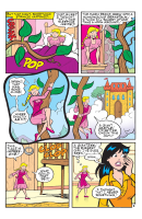 blonde comic black_hair barefoot tree dress shrunken_woman grass english pink_dress jewelry vines plants speech_bubble multiple_girls 2girls mega betty veronica archie giantess