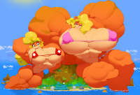 bikini giantess furry anthro mega blonde large_breasts blue_eyes clothed cleavage water ocean green_eyes island muscles abs mountains thighs flexing bare_legs bare_midriff coco_bandicoot commoddity crash_bandicoot_(series) tawna_bandicoot giantesses