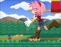drawing giantess furry mega color blue_hair shoes pink_hair gloves amy_rose boots shorts sonic_the_hedgehog running mountains forest clouds closed_eyes trees belt running_away hairband axe bare_legs nightcore100 lumberjack paul_bunyan