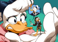 drawing giantess furry comic color handheld multiple_sizes shorts shrunken_woman shrunken_man hat disney goggles hairband no_background daisy_duck donald_duck scarf looking_at_tiny cutaway sailor_suit silverscarf ducktales della_duck duck prosthetic_leg