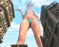 bikini breasts giantess city mega blonde blue_eyes clothed buildings princess queen looking_down thighs frozen disney looking_at_viewer hands_on_hips digital_render elsa bare_legs bare_midriff appy-sama