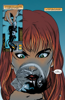 giantess long_hair blue_eyes handheld squeeze red_hair parody dangle pain blue_background solo 1girl aqua_eyes lyn dc_comics