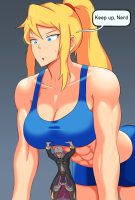 drawing giantess white_hair blonde color large_breasts blue_eyes bra samus_aran ponytail muscles shorts abs shrunken_man video_game metroid athletic dialogue fire_emblem no_background robin_(fire_emblem) breast_lift lampmaster-322 breasts cleavage