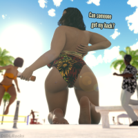 bikini giantess butt swimsuit beach short_hair day shrunken_woman shrunken_man cloud back outdoors sky palm_tree behind_view digital_render multiple_girls solo_focus depth_of_field floral_print didistarshot