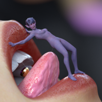 breasts nipples nude vore red_eyes blue_hair small_breasts short_hair standing monster_girl looking_at_viewer scales pointed_ears digital_render armpits medium_breasts full_body didistarshot tonue_ring tongue tiny mouthplay lips elf shrunken_woman implied_vore