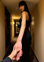 giantess shrunken_man looking_down night indoors point_of_view tall_tales gentle clothed asian dress mini_giantess looking_at_viewer holding_hands hallway ai_art