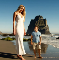 gentle blonde long_hair clothed beach barefoot ocean dress mini_giantess walking size_comparison ai_art tallest_woman_vibes