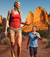 tallest_woman_vibes gentle blonde clothed desert mini_giantess shorts walking size_comparison top backpack hiking ai_art