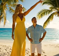 gentle blonde long_hair clothed beach ocean smiling dress mini_giantess standing palm_trees ai_art tallest_woman_vibes