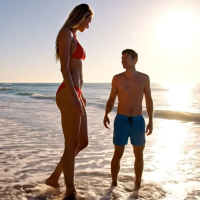 giantess shrunken_man tallest_woman_vibes bikini gentle blonde clothed beach barefoot ocean mini_giantess standing size_comparison sunset looking_at_tiny ai_art