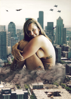 giantess nude city mega blonde long_hair bridge destruction blue_eyes buildings airplane jets skyscraper tinies aircraft crossed_arms digital_render 1girl