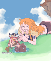 giantess drawing blonde long_hair barefoot smiling lying_down sitting day open_mouth cloud outdoors sky hat jewelry monkey_d_luffy closed_eyes braid sun_hat on_stomach straw_hat nami_(one_piece) 1girl cloudy_sky