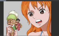 bikini drawing giantess black_hair long_hair swimsuit brown_eyes ice_cream short_hair shrunken_man open_mouth hat monkey_d_luffy orange_hair straw_hat nami_(one_piece)