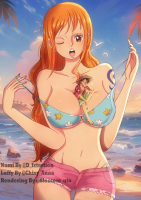 bikini breasts drawing giantess black_hair large_breasts long_hair swimsuit beach cleavage water ocean navel day shorts short_shorts shrunken_man open_mouth standing outdoors monkey_d_luffy bikini_top ships orange_hair sanji one_eye_closed between_breasts groin nami_(one_piece) 1girl