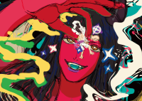 giantess black_hair long_hair teeth yellow_eyes smiling face shrunken_man close_up looking_at_viewer sharp_teeth 1boy star_(symbol) male_focus