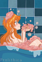 breasts drawing giantess long_hair bath wet red_eyes smiling shrunken_man looking_down indoors profile orange_hair bubble bangs luffy tile_wall tiles from_side 1girl prolithica checkered_background lunami
