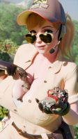 t-rex ai_art blonde glasses lips gloves day sunglasses forest nose outdoors hat makeup jeep jimmy144 1girl dinasor giantess jurassic_park park_ranger shrunken_man