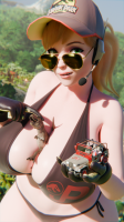 shrunken_man giantess jurassic_park park_ranger bikini breasts blonde swimsuit cleavage smiling lips gloves day sunglasses forest nose outdoors hat looking_at_viewer makeup jeep jimmy144 solo ai_art 1girl dinasor t-rex