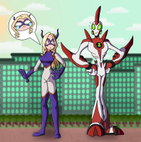 breasts drawing giantess horns city mega alien blonde color giant crossover buildings green_eyes purple_eyes gloves mask costume hands_on_hips ben_10 my_hero_academia cartoon_network way_big tenoutoftenz mt._lady