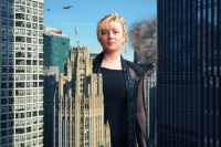giantess city mega blonde destruction blue_eyes buildings day airplane jets skyscraper bird smoke outdoors sky aircraft black_shirt solo 1girl