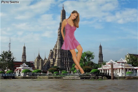 giantess mega giantess_magic pete_smith city long_hair water buildings brunette tree dress day animation skyscraper tower cloud standing outdoors sky pink_dress short_dress solo ai_art 1girl wan